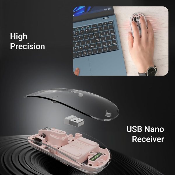 ZEBRONICS Sheer Rechargeable Wireless Mouse, Dual Mode (2.4GHz + BT), Dual Bluetooth, Silent Operation, Transparent Body, RGB, Battery Indicator, for Mac | Laptop | Computer (Pink)