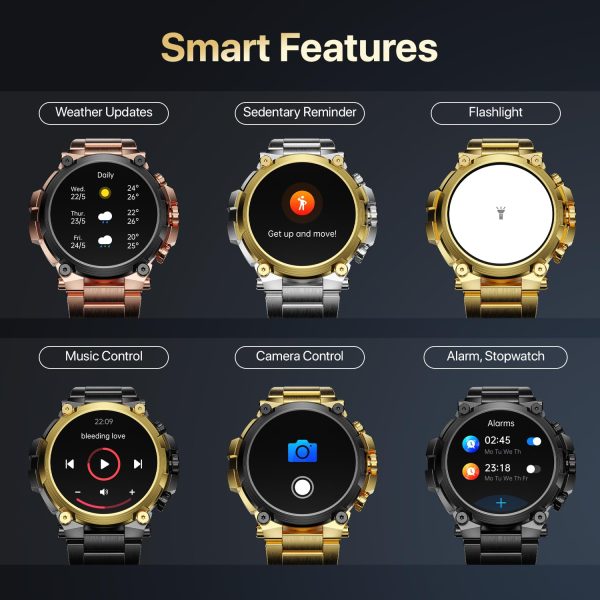 Fire-Boltt Dominian Smartwatch 36.3mm (1.43 inch) AMOLED Display, Stainless Steel Design, 466 * 466 px Resolution, Bluetooth Calling, Multiple Sports Modes, Health Mode, IP67, Weather Updates (Black Gold)