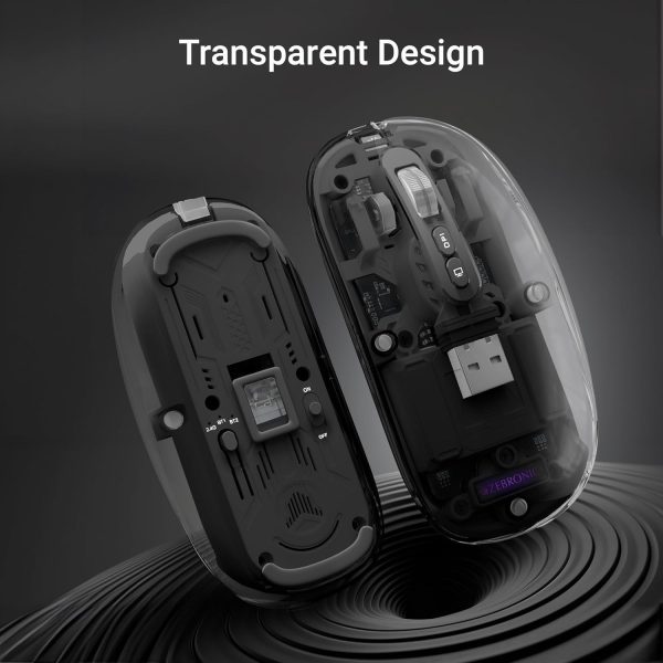 ZEBRONICS Sheer Rechargeable Wireless Mouse, Dual Mode (2.4GHz + BT), Dual Bluetooth, Silent Operation, Transparent Body, RGB, Battery Indicator, for Mac | Laptop | Computer (Grey)