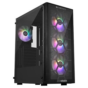 ZEBRONICS Wrath Mid-Tower Premium Gaming Cabinet ATX/MicroATX/Mini ITX, 3X 120mm Front + 1x 120mm Rear Fan, Centre Glow ARGB Fans, RGB LED Modes, Tempered Glass Side Panel, USB 3.0