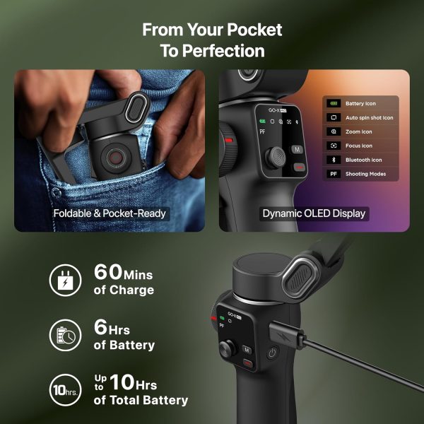 IZI GO-X PRO Foldable Gimbal for Smartphones, 3-Axis Stabilizer with Extension Rod, 6 Modes, AI Face Tracking, OLED Display, Long Battery Life, USB-C, Ideal for Travel, Vlogging & YouTube, Filmmaking