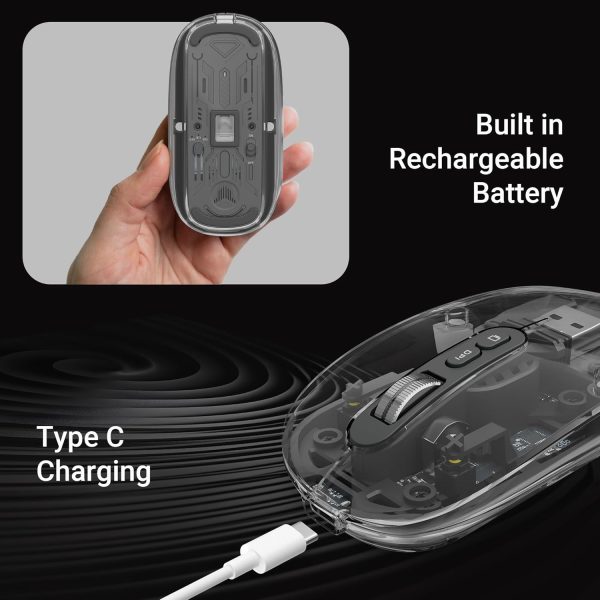 ZEBRONICS Sheer Rechargeable Wireless Mouse, Dual Mode (2.4GHz + BT), Dual Bluetooth, Silent Operation, Transparent Body, RGB, Battery Indicator, for Mac | Laptop | Computer (Grey)