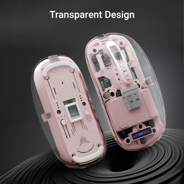 ZEBRONICS Sheer Rechargeable Wireless Mouse, Dual Mode (2.4GHz + BT), Dual Bluetooth, Silent Operation, Transparent Body, RGB, Battery Indicator, for Mac | Laptop | Computer (Pink)