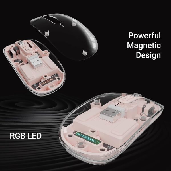 ZEBRONICS Sheer Rechargeable Wireless Mouse, Dual Mode (2.4GHz + BT), Dual Bluetooth, Silent Operation, Transparent Body, RGB, Battery Indicator, for Mac | Laptop | Computer (Pink)