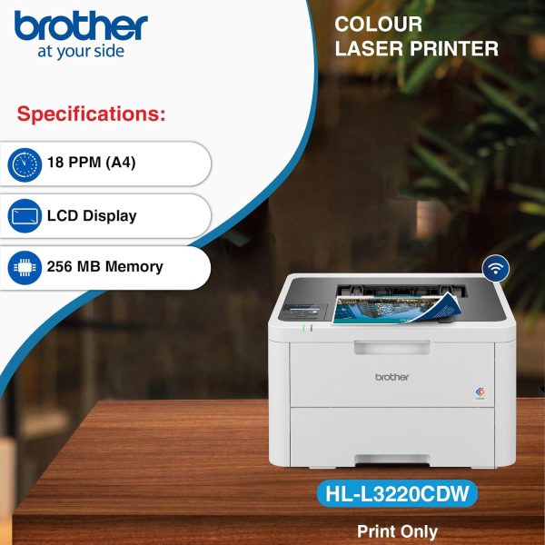 Brother HL-L3220CDW (New Launch) Automatic Duplex Color Laser LED Printer, 1 Line LCD Display, 256 MB Memory, 250 Sheets Paper Tray, USB 2.0, WiFi (Dual Band), WiFi Direct, 18 PPM, Free Installation