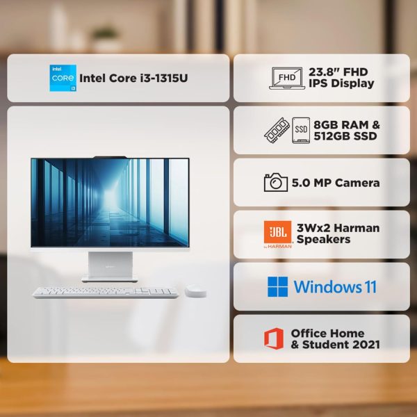 Lenovo IdeaCentre AIO 13th Gen Core i3-1315U 24" FHD IPS (8GB RAM/512GB SSD/Windows11/Office 21/3Wx2 Harman Speakers/Alexa Built-in/Wireless EOS Keyboard & Mouse, Grey), F0HN00FWIN All-in-One Desktop