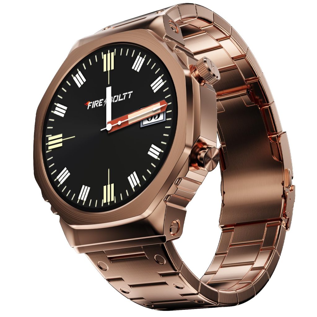 Fire-Boltt Onyx- 36.3mm AMOLED Always On Display Smart Watch, 466 * 466 High Resolution, Bluetooth Calling, Steel Design, IP67, 4GB Storage, 300+ Sports Modes, 130+ Watch Faces(Rose Gold)