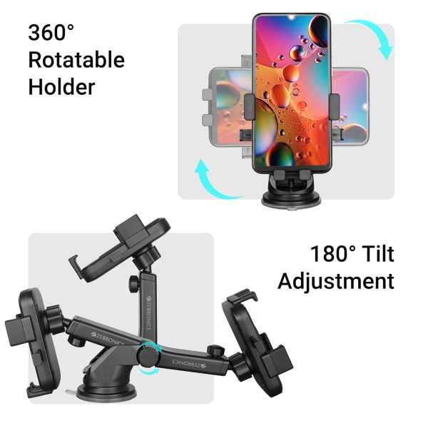 ZEBRONICS CMH110, Car Mobile Holder, Upto 6.8 inches, 360° Rotatable, One Press Lock and Release, Extendable Telescopic Arm, Strong Suction Cup for Windshield & Dashboard, Anti-Skid Silicone Pads