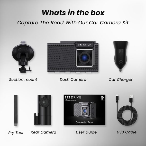 IZI Drive Plus+ 4K Dual Channel Dash Camera with GPS, 3inch HD Screen, 170° Wide Angle, Night Vision, G-Sensor, WiFi, ADAS, Emergency Recording, Made for Indian Roads, Optional Car Parking Monitor