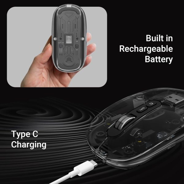 ZEBRONICS Sheer Rechargeable Wireless Mouse, Dual Mode (2.4GHz + BT), Dual Bluetooth, Silent Operation, Transparent Body, RGB, Battery Indicator, for Mac | Laptop | Computer (Black)