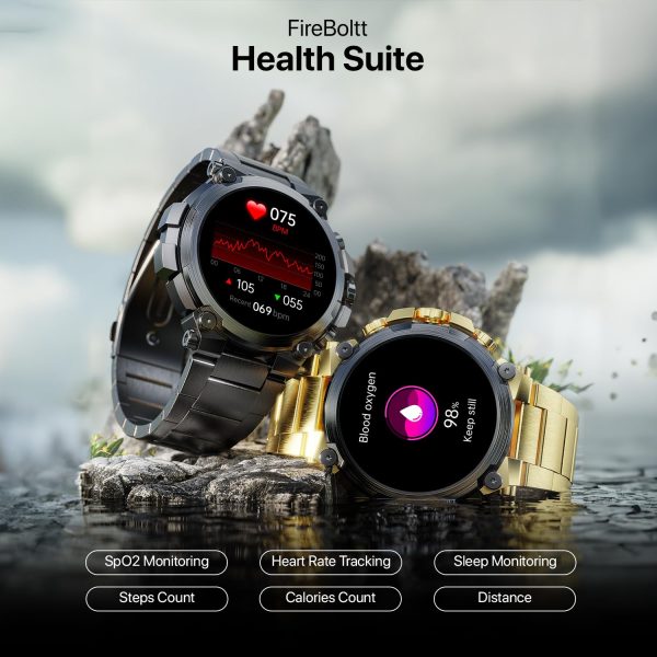 Fire-Boltt Dominian Smartwatch 36.3mm (1.43 inch) AMOLED Display, Stainless Steel Design, 466 * 466 px Resolution, Bluetooth Calling, Multiple Sports Modes, Health Mode, IP67, Weather Updates (Gold Black)