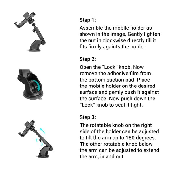 ZEBRONICS CMH110, Car Mobile Holder, Upto 6.8 inches, 360° Rotatable, One Press Lock and Release, Extendable Telescopic Arm, Strong Suction Cup for Windshield & Dashboard, Anti-Skid Silicone Pads