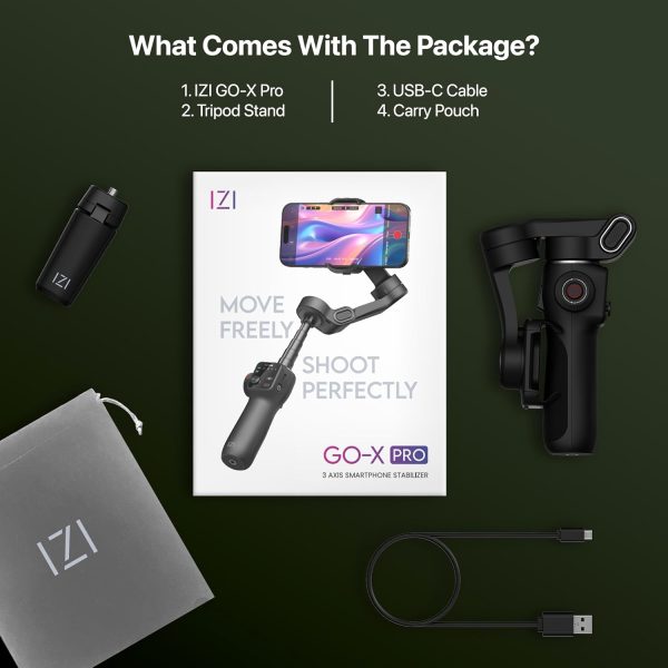 IZI GO-X PRO Foldable Gimbal for Smartphones, 3-Axis Stabilizer with Extension Rod, 6 Modes, AI Face Tracking, OLED Display, Long Battery Life, USB-C, Ideal for Travel, Vlogging & YouTube, Filmmaking