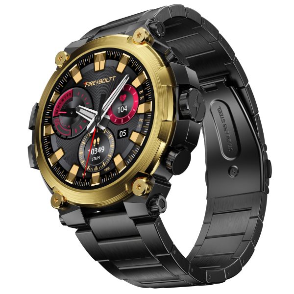 Fire-Boltt Dominian Smartwatch 36.3mm (1.43 inch) AMOLED Display, Stainless Steel Design, 466 * 466 px Resolution, Bluetooth Calling, Multiple Sports Modes, Health Mode, IP67, Weather Updates (Black Gold)