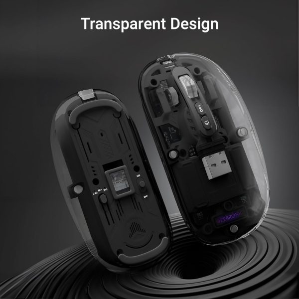 ZEBRONICS Sheer Rechargeable Wireless Mouse, Dual Mode (2.4GHz + BT), Dual Bluetooth, Silent Operation, Transparent Body, RGB, Battery Indicator, for Mac | Laptop | Computer (Black)