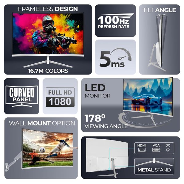 Foxin Elite 27" Curved LED Monitor, FHD 1080p, 100Hz, 5ms, Frameless, HDMI/VGA, Flicker-Free, Anti-Glare, 250 cd/m², sRGB, Bezel-Less, Built-in Speakers with Strong Metal Stand | 3-Years Warranty