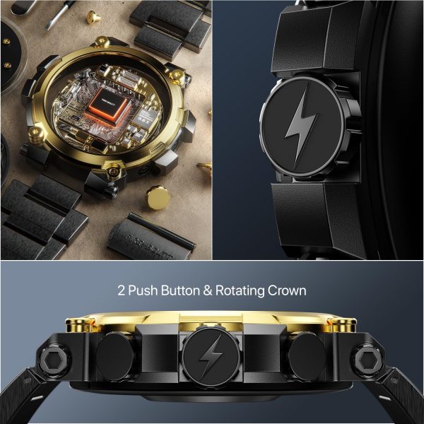 Fire-Boltt Dominian Smartwatch 36.3mm (1.43 inch) AMOLED Display, Stainless Steel Design, 466 * 466 px Resolution, Bluetooth Calling, Multiple Sports Modes, Health Mode, IP67, Weather Updates (Black Gold)