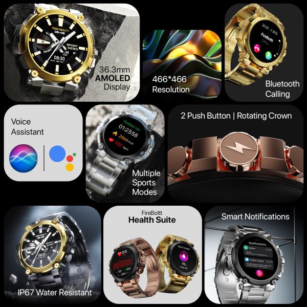 Fire-Boltt Dominian Smartwatch 36.3mm (1.43 inch) AMOLED Display, Stainless Steel Design, 466 * 466 px Resolution, Bluetooth Calling, Multiple Sports Modes, Health Mode, IP67, Weather Updates (Black Gold)