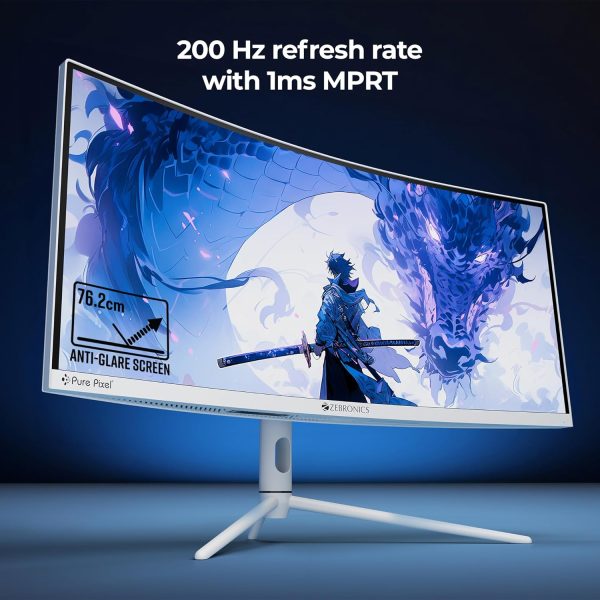 ZEBRONICS N30A 30" (76.2 cm) 1500R Curved Ultrawide Gaming Monitor, WFHD 2560x1080, 300Nits, 200Hz, 1ms MPRT, HDR10, 99% sRGB | 95% DCI-P3, Adaptive Sync, 2 x DP | 2 x HDMI | 1 x 3.5mm