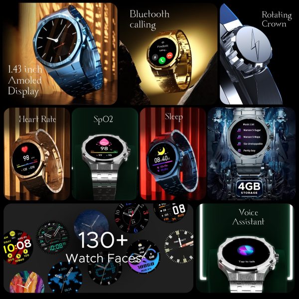 Fire-Boltt Royale Luxury Stainless Steel Smart Watch 36.32mm (1.43 inch) AMOLED Display, Always On, 750 NITS Peak Brightness 466 * 466 px Resolution. Bluetooth Calling, IP67, 75Hz Refresh Rate (Gold)