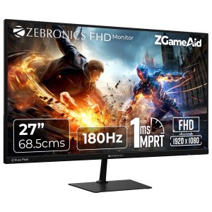 ZEBRONICS N27A 27 inch Gaming Monitor, FHD 1920x1080, IPS-Antiglare Display, 300Nits, 180Hz, 1ms MPRT, HDR10, 99% sRGB, Adaptive Sync, 1 x DP | 1 x HDMI | 1 x 3.5mm