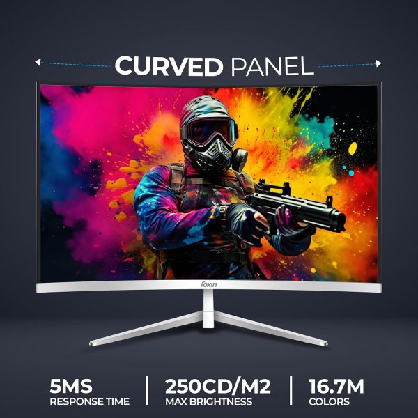 Foxin Elite 27" Curved LED Monitor, FHD 1080p, 100Hz, 5ms, Frameless, HDMI/VGA, Flicker-Free, Anti-Glare, 250 cd/m², sRGB, Bezel-Less, Built-in Speakers with Strong Metal Stand | 3-Years Warranty