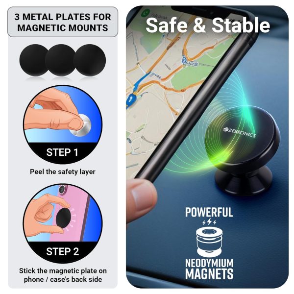 ZEBRONICS CMH50, Car Mobile Holder with Powerful Neodymium Magnets, 360° Rotatable, Safe & Strong, Anti-Skid Silicone Pads, Universal Compatibility, Included 3 Metal Plates