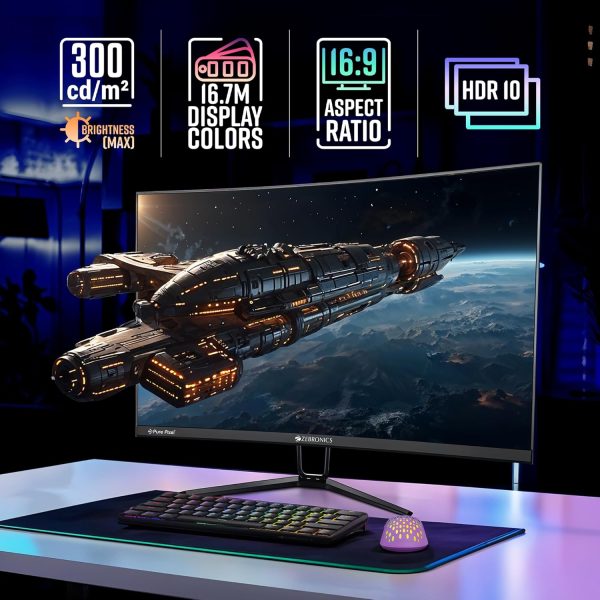 ZEBRONICS N27B 27"(68.5 cm) 1500R Curved Gaming Monitor, FHD 1920x1080, Antiglare Display, 300Nits, 180Hz, 1ms MPRT, HDR10, 99% sRGB, Adaptive Sync, 1 x DP | 1 x HDMI | 1 x 3.5mm