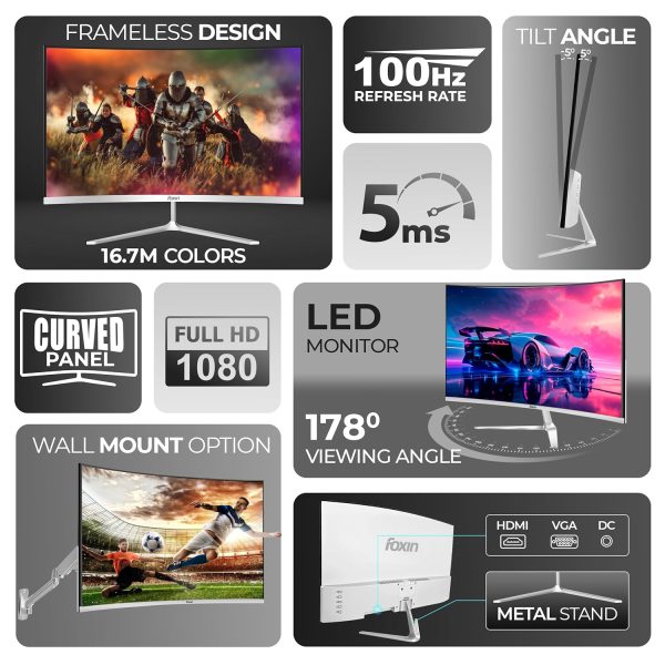Foxin Elite 22 Inch Curved LED Monitor | FHD 1080p | 100Hz Frameless & Anti-Glare | HDMI & VGA | 5ms | Wall Mountable | Flicker-Free | Curved PC Monitor for Gaming, Work | White | 3 Yrs Warranty