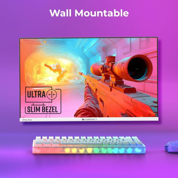 ZEBRONICS EA224 24"(60.4cm) Slim Gaming Monitor, 165Hz, FHD 1920x1080, 16:9 Aspect Ratio, 250Nits, 16.7M Colors, Dual Input - HDMI + DP, 3.5mm Jack, Built-in Speakers, Metal Stand, Wall Mountable