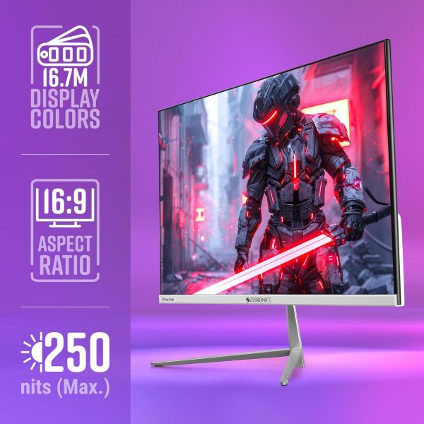 ZEBRONICS EA224 24"(60.4cm) Slim Gaming Monitor, 165Hz, FHD 1920x1080, 16:9 Aspect Ratio, 250Nits, 16.7M Colors, Dual Input - HDMI + DP, 3.5mm Jack, Built-in Speakers, Metal Stand, Wall Mountable