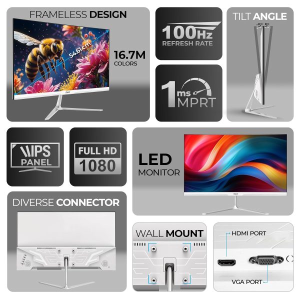 Foxin 21.5 Inch FHD Flat LED Monitor 1920x1080p Elite Series | IPS Panel, HDMI & VGA Port, 100Hz, 1ms, sRGB, Anti-Glare Flicker-Free, Frameless, Slim, Wall Mountable, 16.7 M Colors, 3 Yrs Warranty