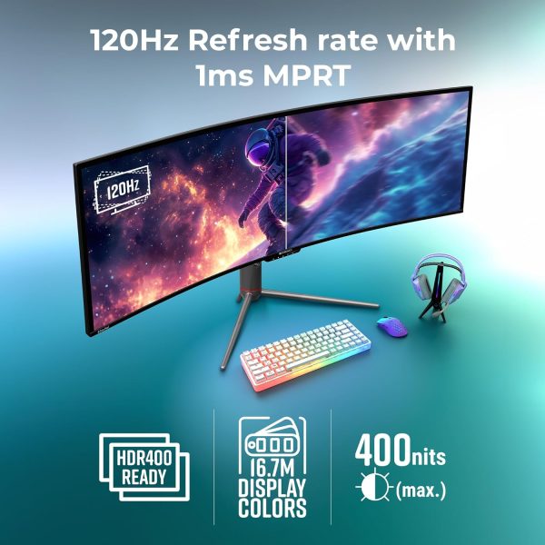 ZEBRONICS N49A 49"" (124.5 cm) 1800R Curved Ultrawide Gaming Monitor, DQHD 5120x1440, 400Nits, 120Hz, 1ms MPRT, HDR400, 99% sRGB | 95% DCI-P3, Adaptive Sync, 2 x (DP | HDMI | USB) + Type C