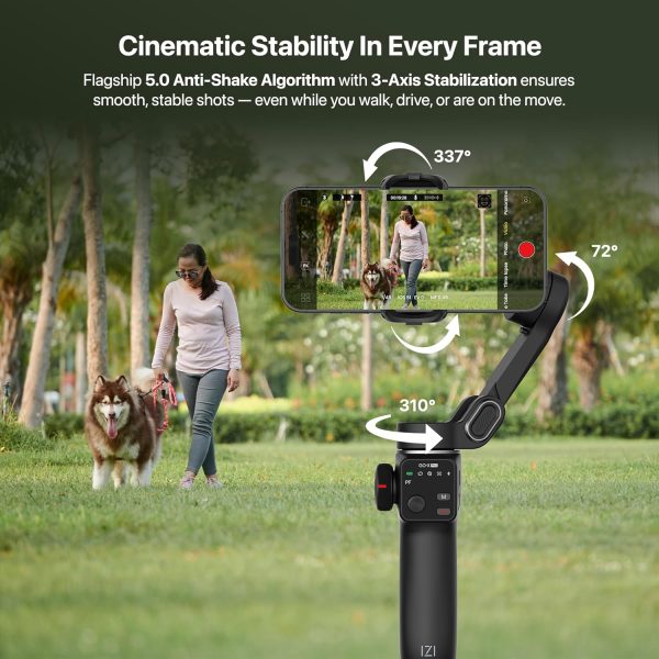IZI GO-X PRO Foldable Gimbal for Smartphones, 3-Axis Stabilizer with Extension Rod, 6 Modes, AI Face Tracking, OLED Display, Long Battery Life, USB-C, Ideal for Travel, Vlogging & YouTube, Filmmaking