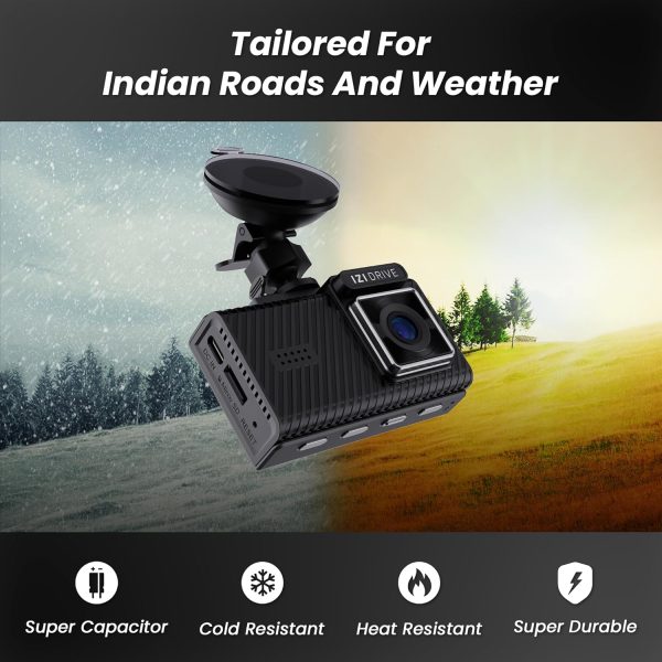 IZI Drive Plus+ 4K Dual Channel Dash Camera with GPS, 3inch HD Screen, 170° Wide Angle, Night Vision, G-Sensor, WiFi, ADAS, Emergency Recording, Made for Indian Roads, Optional Car Parking Monitor
