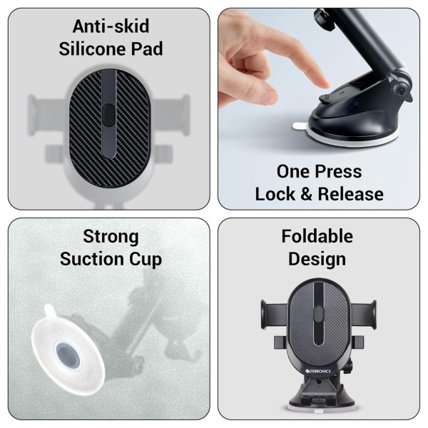 ZEBRONICS CMH100 Car Mobile Holder for Windshield, Dashboard and Other Suitable Surfaces, Strong Suction Cup, 360° Rotatable, Devices Upto 6.8 inch, One Click Quick Release
