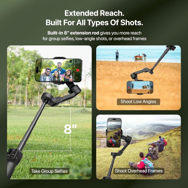 IZI GO-X PRO Foldable Gimbal for Smartphones, 3-Axis Stabilizer with Extension Rod, 6 Modes, AI Face Tracking, OLED Display, Long Battery Life, USB-C, Ideal for Travel, Vlogging & YouTube, Filmmaking
