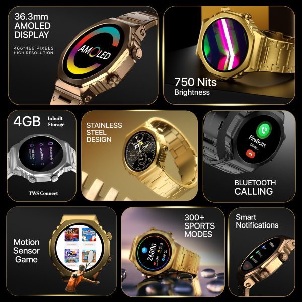 Fire-Boltt Onyx- 36.3mm AMOLED Always On Display Smart Watch, 466 * 466 High Resolution, Bluetooth Calling, Steel Design, IP67, 4GB Storage, 300+ Sports Modes, 130+ Watch Faces(Rose Gold)