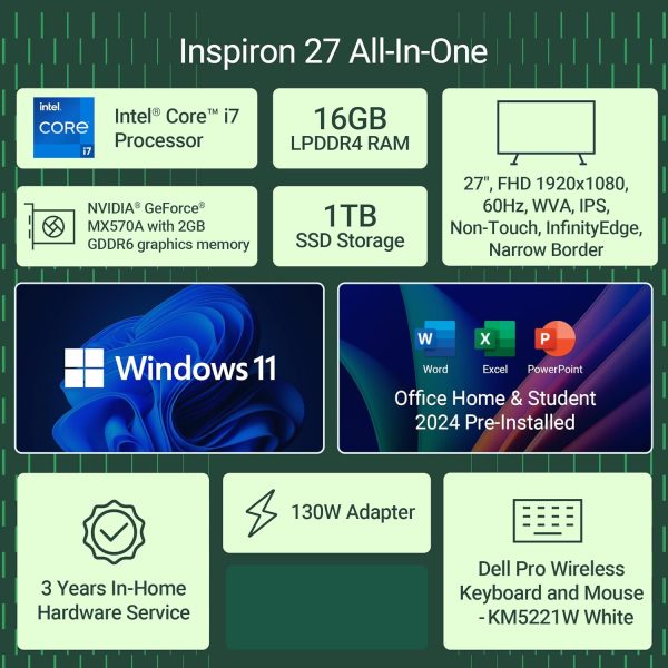 Dell AIO Inspiron 7730, i7-1335U, 16 GB, 1TB SSD, 27" FHD, 60Hz, WVA, IPS, Non-Touch Display, NVIDIA® GeForce® MX570A with 2GB GDDR6 Graphics Memory, Win11+MS Office 24+M365, Pearl White Cover+Molded - Image 4