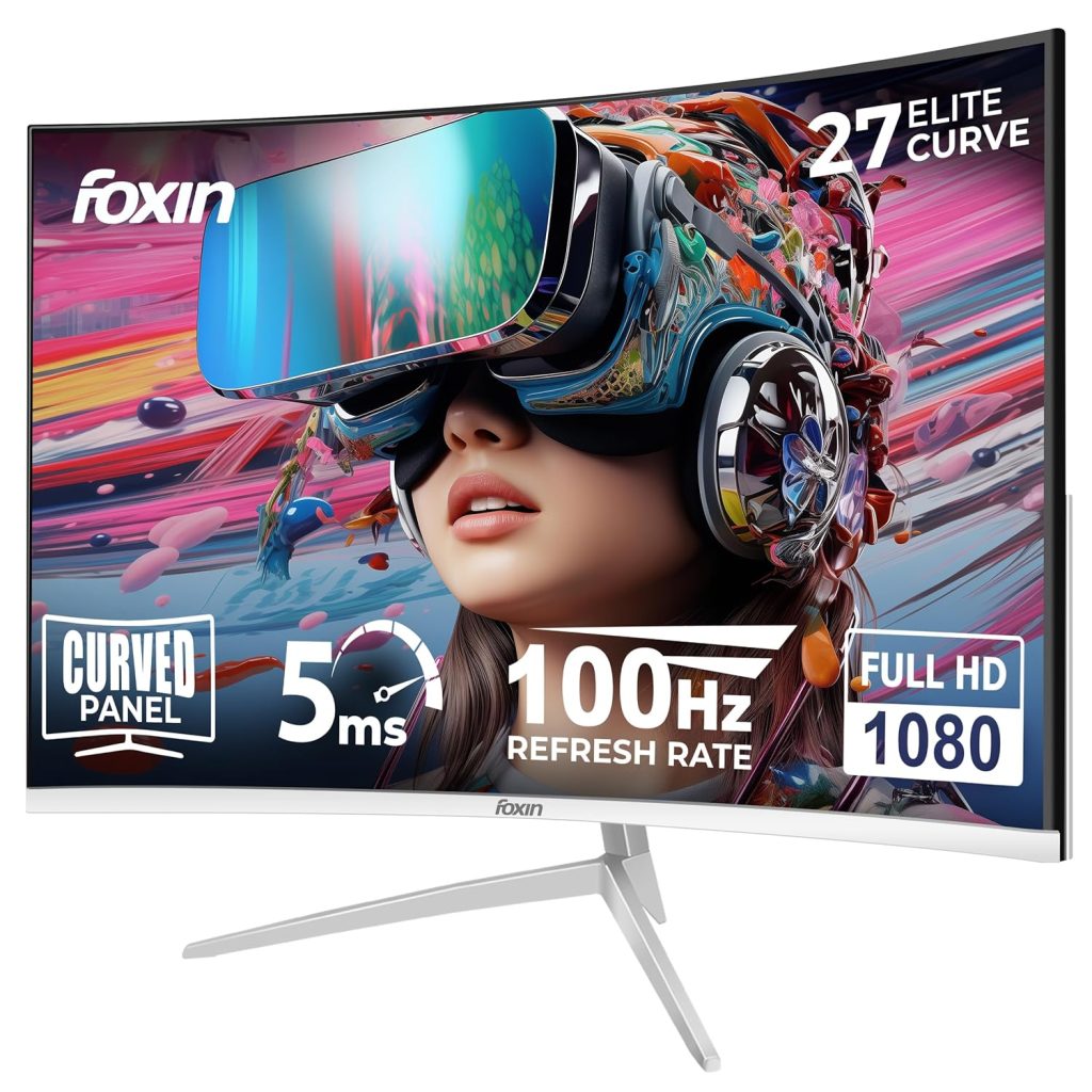 Foxin Elite 27" Curved LED Monitor, FHD 1080p, 100Hz, 5ms, Frameless, HDMI/VGA, Flicker-Free, Anti-Glare, 250 cd/m², sRGB, Bezel-Less, Built-in Speakers with Strong Metal Stand | 3-Years Warranty