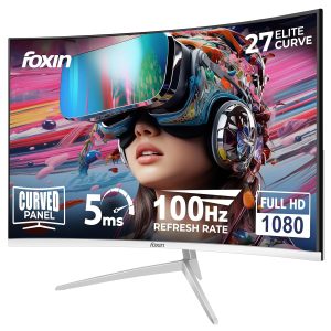 Foxin Elite 27" Curved LED Monitor, FHD 1080p, 100Hz, 5ms, Frameless, HDMI/VGA, Flicker-Free, Anti-Glare, 250 cd/m², sRGB, Bezel-Less, Built-in Speakers with Strong Metal Stand | 3-Years Warranty
