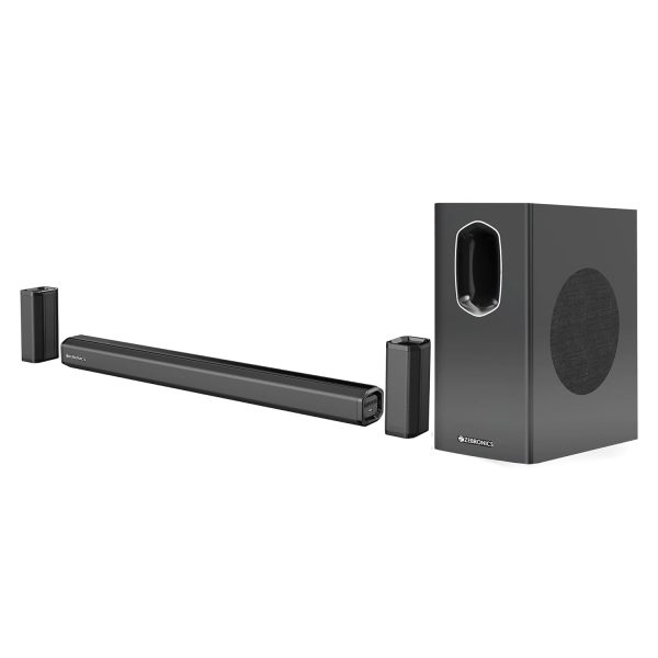 ZEBRONICS Juke BAR 7400 PRO 5.1 Channel soundbar with 6.5" subwoofer, 180W RMS, Dual Rear Satellites, HDMI (ARC), Optical in, AUX, BT v5.0, USB in, Remote Control,LED Display and Wall Mount(Black)