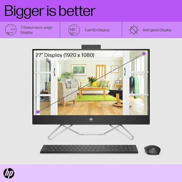 HP All-in-One PC 12th Gen Intel Core i3-1215U 27inch(68.6 cm) IPS Anti-Glare Display (8GB RAM/512GB SSD/Black Wireless Keyboard & Mouse Combo/Intel UHD Graphics/Win 11/MSO 21/Jet Black), 27-cb1153in