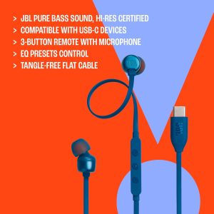 JBL Tune 310 Wired in Ear Type C Headphones, Hi-Res Audio with Digital-to-Analog Converter, 3-Button EQ Preset Remote with Microphone, Tangle-Free Flat Cable, Compatible with USB-C Devices (Black)