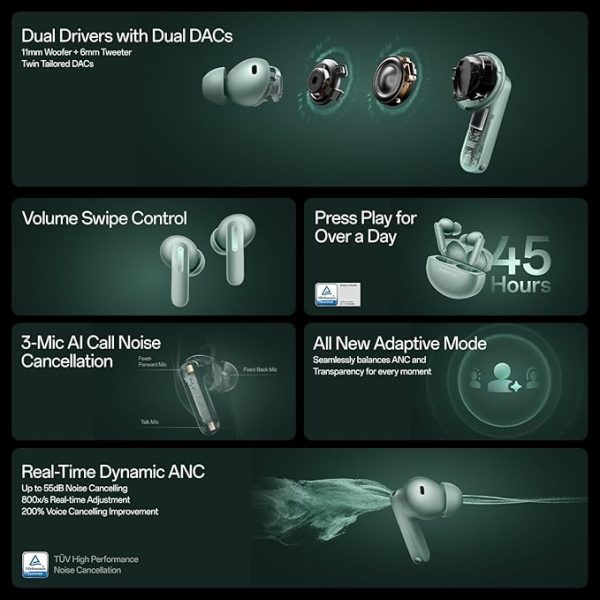 OnePlus Buds 4 TWS Earbuds with Upto 55dB Real-time ANC,Adaptive Mode,Dual Drivers with Dual DACs,3D Audio,Upto 45hrs Music Playback,Dual-Device connectivity,47ms Low Latency[Storm Gray]