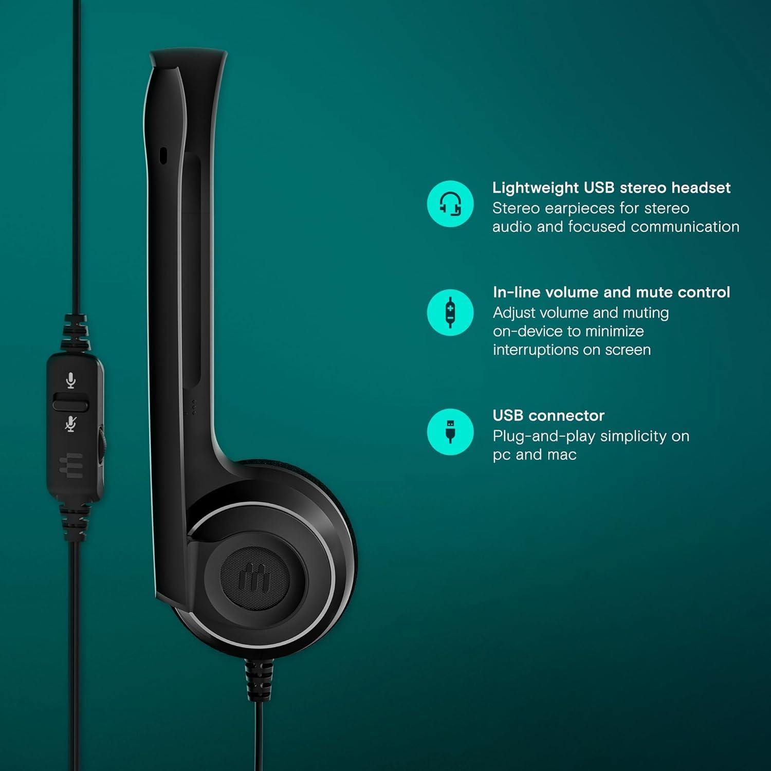 EPOS PC 8 USB A On-Ear Stereo Wired Headset with Microphone, Wired Headphones, Inline Volume Control, Mute Function, Noise-Canceling Microphone, for Laptop, PC, Mac - Online Calls, Teaching