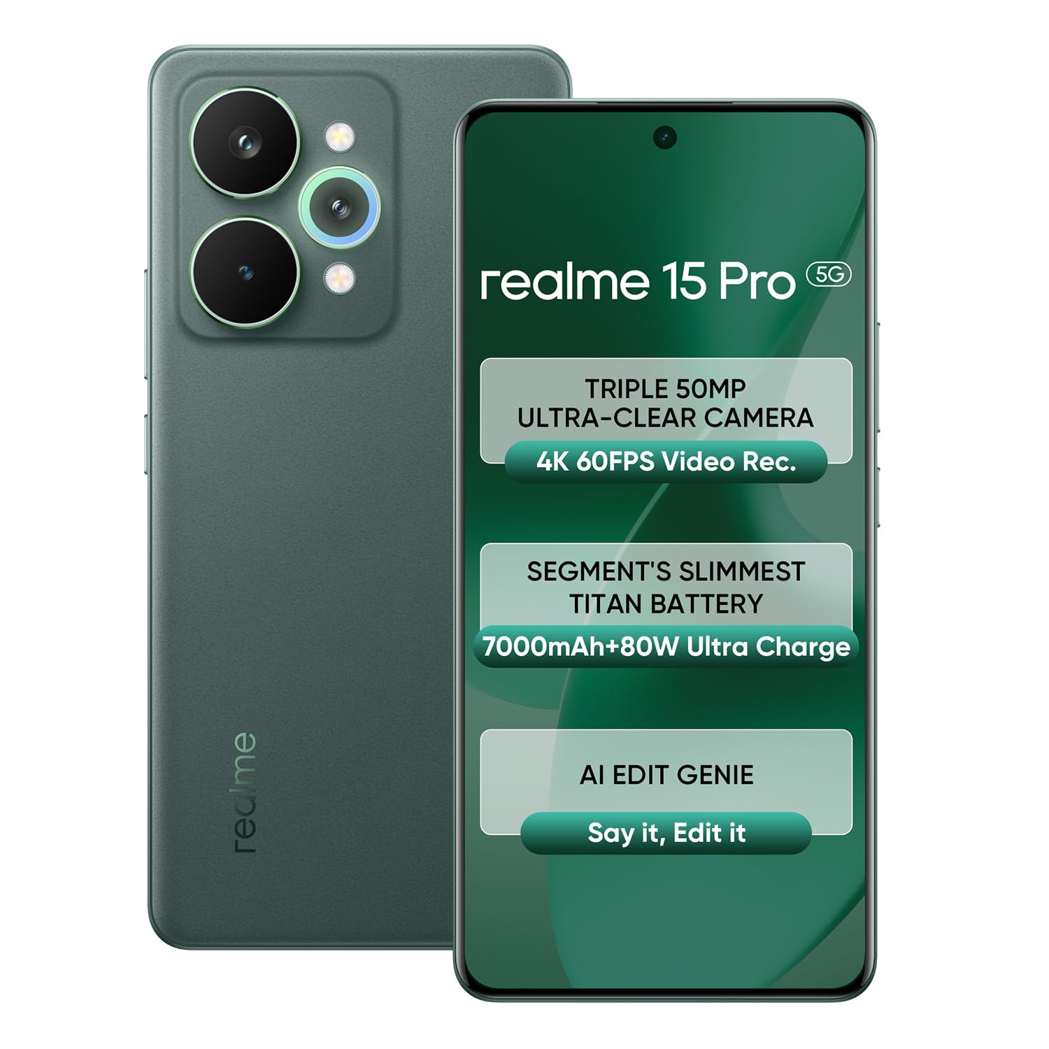 realme 15 Pro 5G Smartphone 8+128GB Green,4K 60FPS,144Hz HyperGlow 4D Curve Display,7000mAh Battery,80W Supe rVOOC, Camera Triple 50MP, Snapdragon 7 Gen 4, IP69