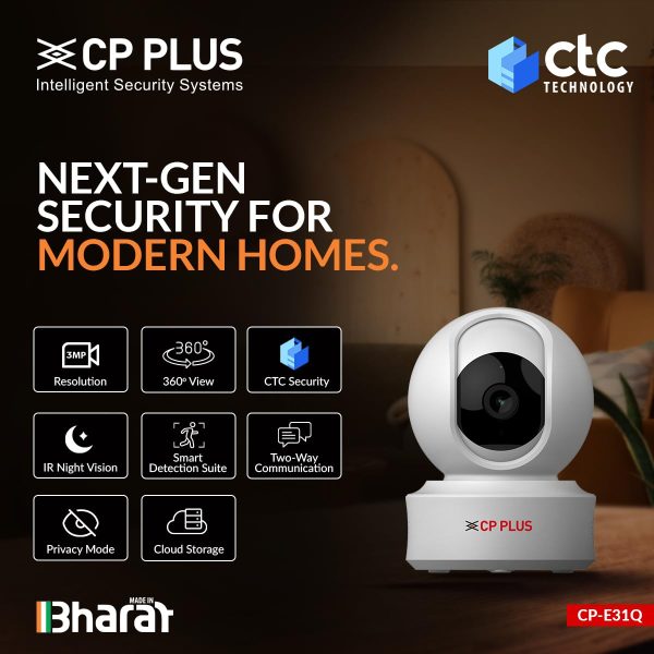 CP PLUS 3MP Resolution Smart Wi-fi CCTV Home Security Camera | 360° View | Motion Tracking | 2-Way Talk | Cloud & SD Card Support | CTC Cyber Secure Tech | 15M Night Vision | CP-E31Q