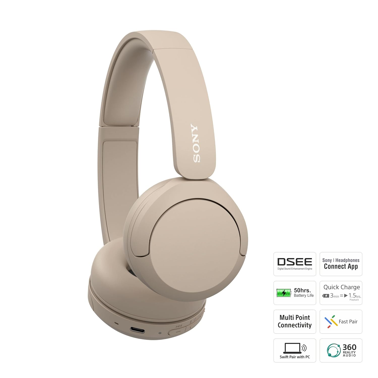 Sony WH-CH520 Wireless Bluetooth Headphones On Ear with Mic, Up to 50Hrs Battery, Quick Charge, DSEE Upscale, Multipoint Connectivity, Voice Assistant, Customized EQ-Beige