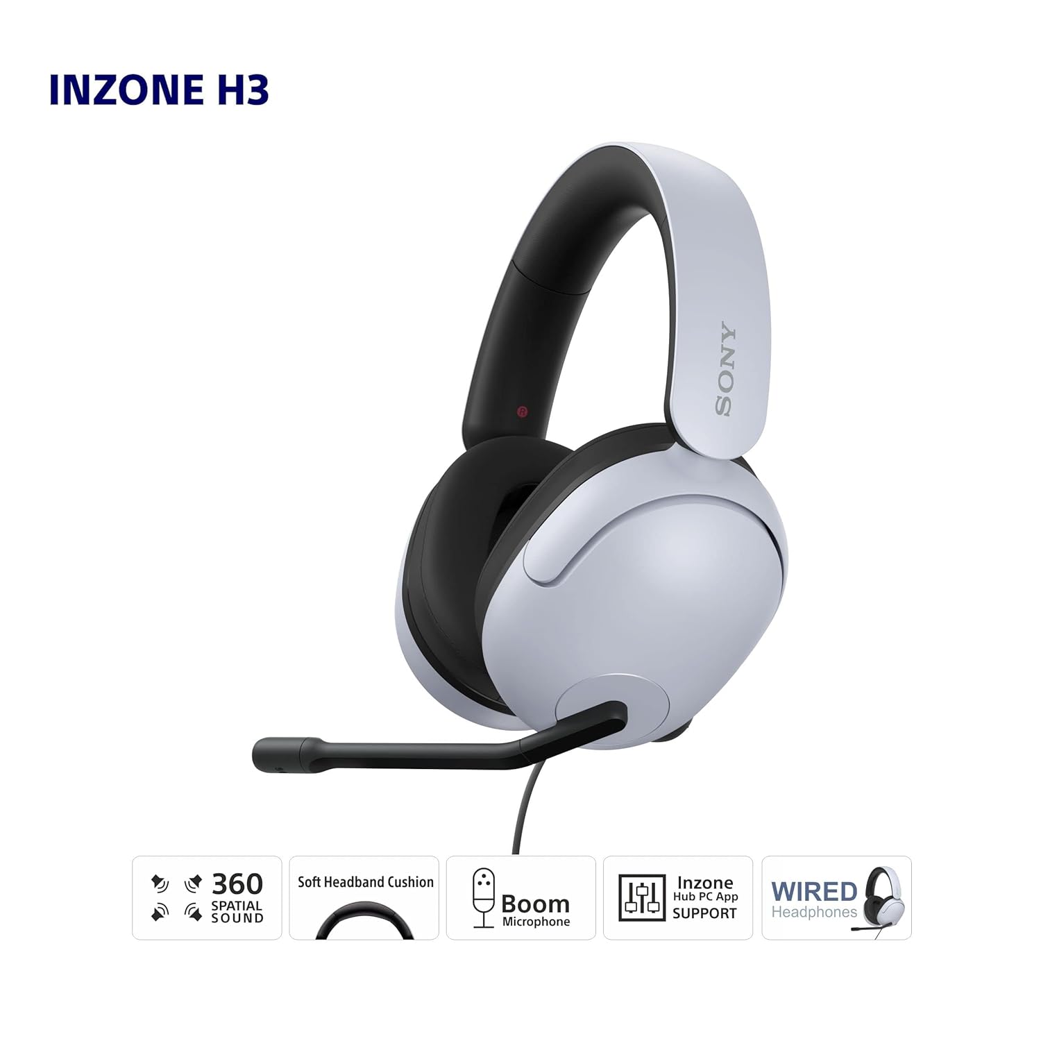 Sony INZONE H3, MDR-G300 Wired Gaming Headset, Over-Ear Headphones with 360 Spatial Sound, USB Wired Over-Ear Professional + USB Connector, flip to Mute mic, App Support & PC Compatible (White)